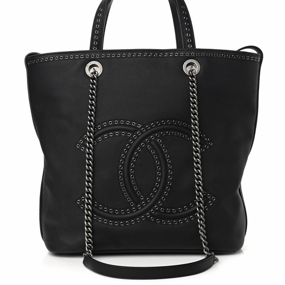 CHANEL Handbags - CHANEL Grained Calfskin Large Coco Eyelets Shopping Tote Black